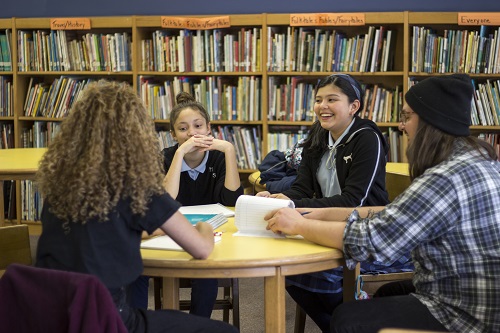 Photo of graduate student teaching artists working with Dudley Family School students. 