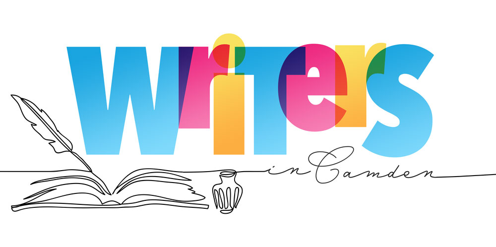 Writers in Camden 2022-23 Reading Series promo image with bright colors and line drawing of a quill, ink well and book