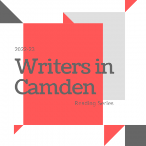 Writers in Camden 2022-23 Reading Series promo image with red and gray geometric shapes